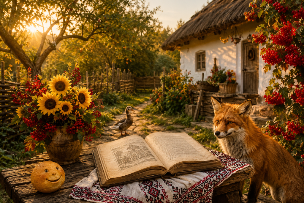 Найвідоміші народні казки України для дітей Відкрита книга українських народних казок поруч із лисицею, качкою та Колобком біля сільської хати