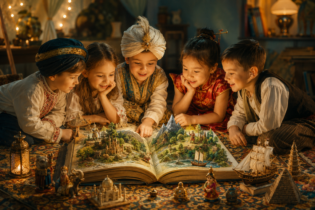 Діти в національних костюмах розглядають чарівну книгу з казковими героями та пам’ятками різних країн