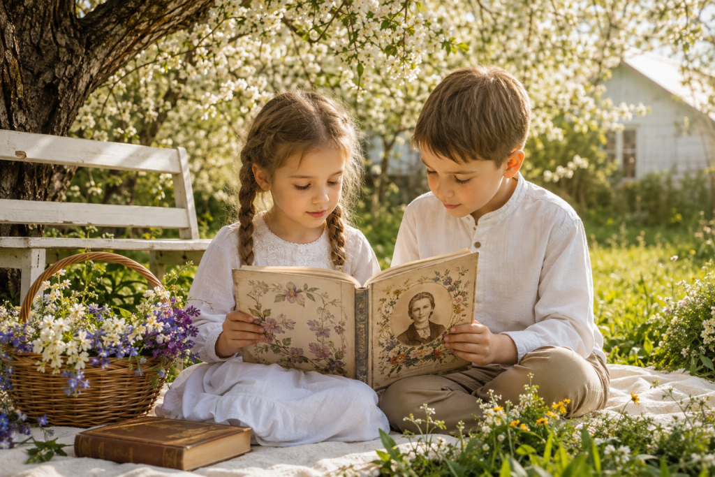 Хлопчик і дівчинка читають книгу з віршами Лесі Українки у квітучому сільському саду