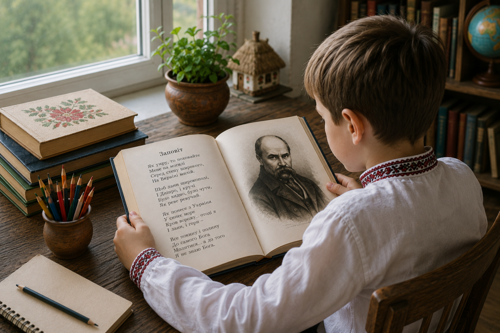 Хлопчик у вишиванці читає книгу з віршами та портретом Тараса Шевченка