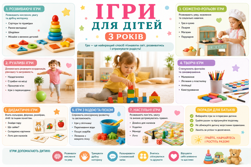 Інфографіка з розвиваючими, рухливими, творчими, рольовими та настільними іграми для дітей 3 років