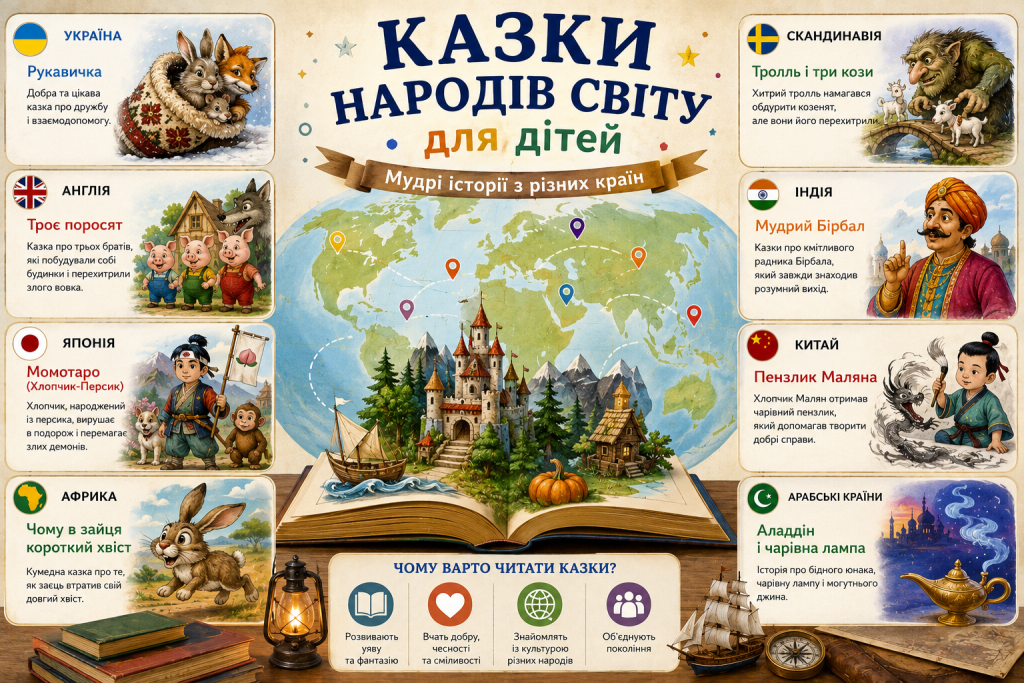 Інфографіка з відомими казками народів України, Англії, Японії, Африки, Скандинавії, Індії, Китаю та арабських країн