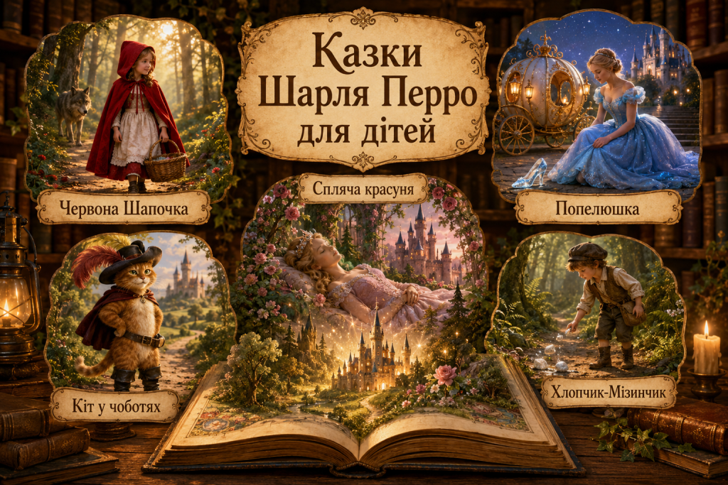 Ілюстрація казок Шарля Перро для дітей із Червоною Шапочкою, Попелюшкою, Котом у чоботях і Сплячою красунею