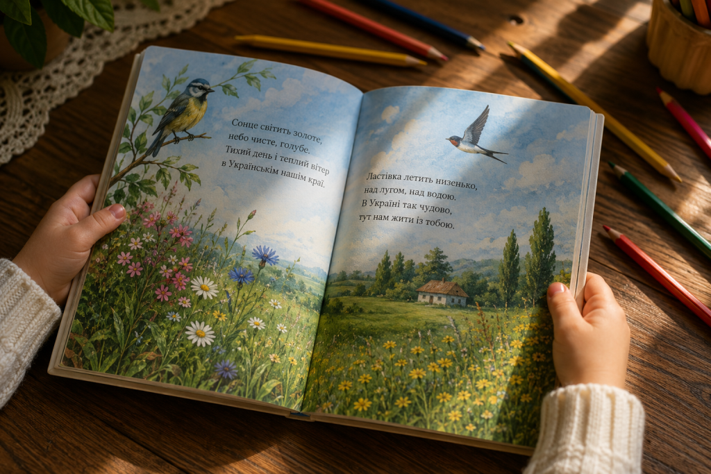 Дитина тримає відкриту ілюстровану книгу з віршами Ліни Костенко про природу та Україну