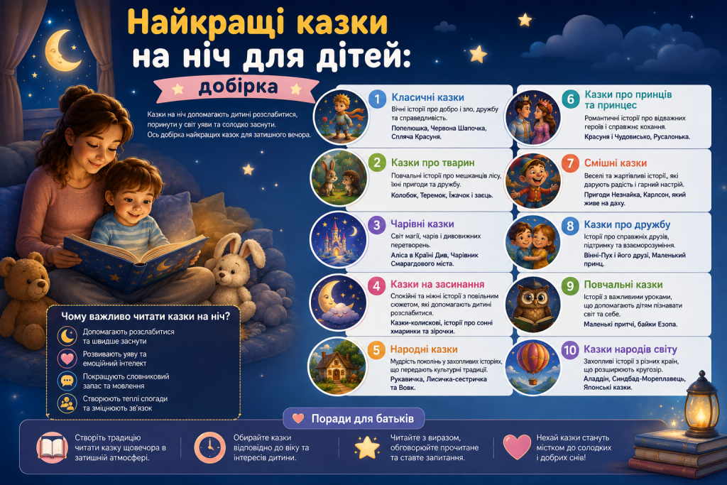 Інфографіка з добіркою найкращих казок на ніч для дітей різного віку