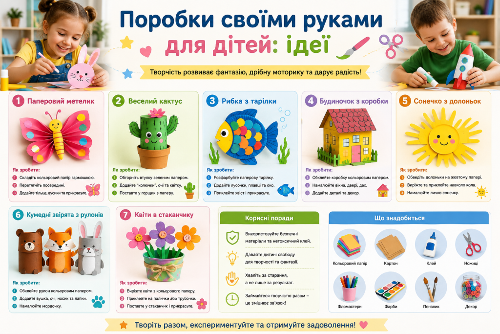 Інфографіка з простими ідеями дитячих поробок із паперу, картону та підручних матеріалів