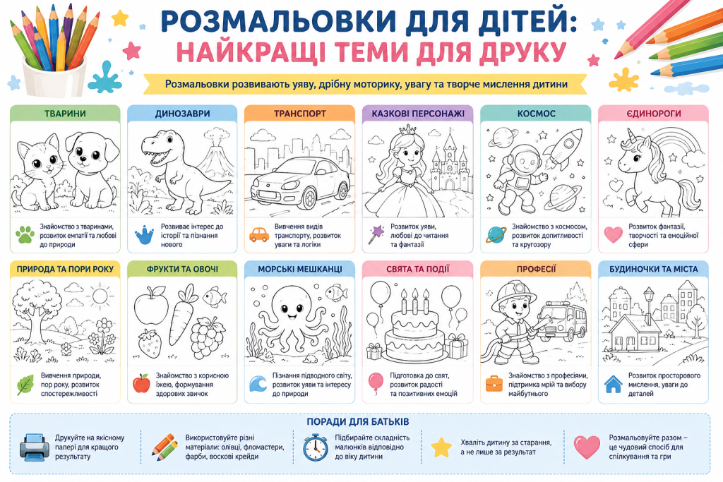 Інфографіка з популярними темами дитячих розмальовок для безкоштовного друку