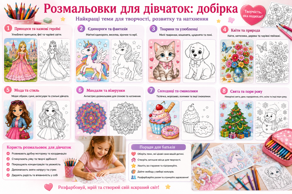 Інфографіка з розмальовками для дівчаток на теми принцес, єдинорогів, тварин, квітів, моди та свят