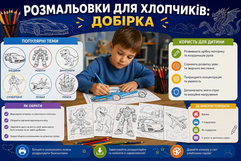 Інфографіка з розмальовками для хлопчиків на теми машин, роботів, динозаврів, супергероїв, літаків і піратів