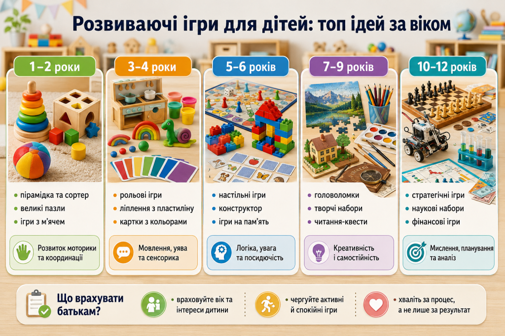 Інфографіка з добіркою розвиваючих ігор для дітей від 1 до 12 років за віком