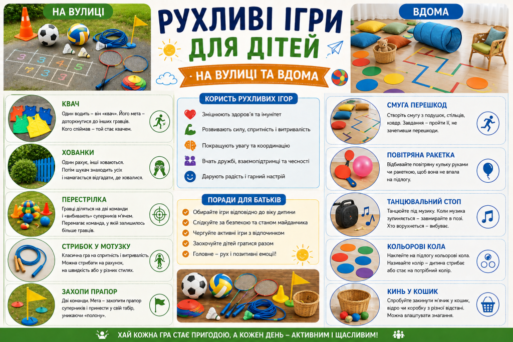 Інфографіка з рухливими іграми для дітей на вулиці й удома, їх користю та порадами для батьків