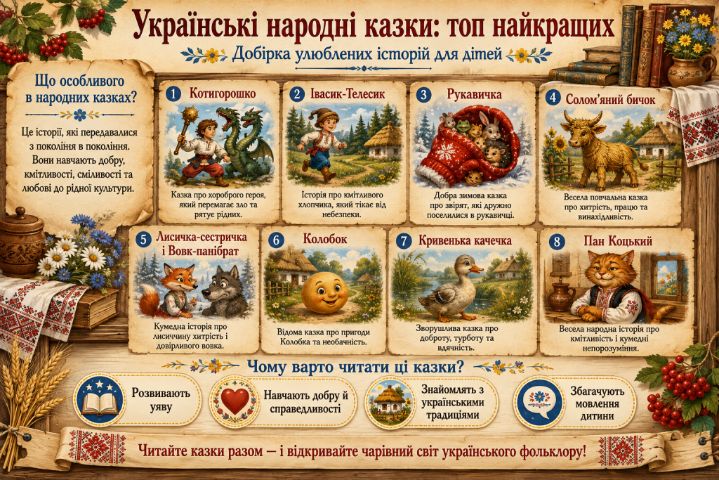 Інфографіка з найкращими українськими народними казками для дітей та їх коротким описом