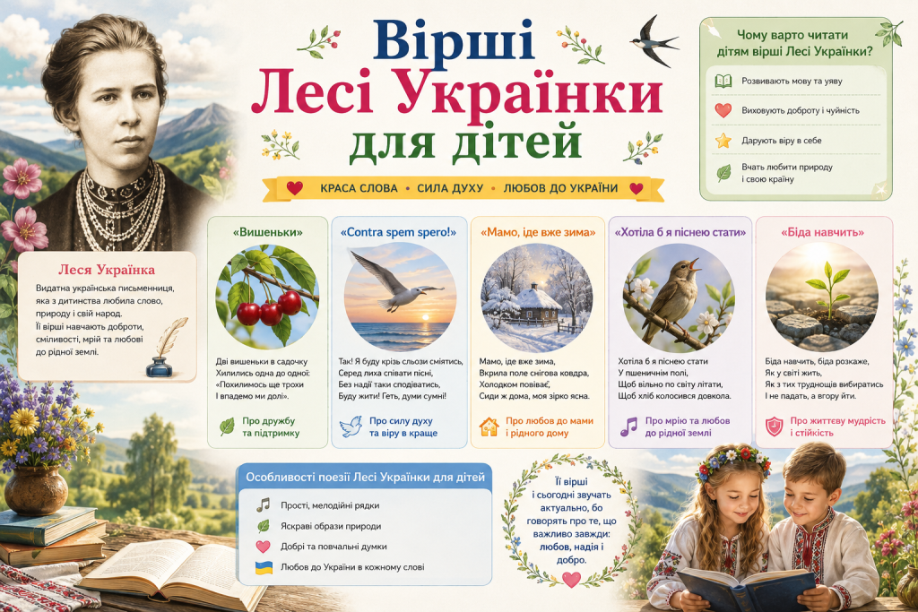 Інфографіка з добіркою відомих віршів Лесі Українки для дітей та поясненням їхніх тем