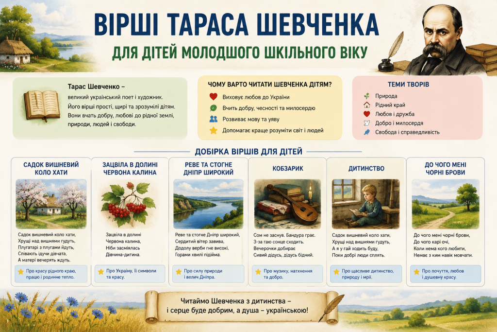 Інфографіка з добіркою віршів Тараса Шевченка для дітей молодшого шкільного віку