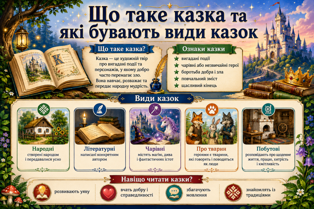 Інфографіка про визначення, ознаки, основні види казок та користь їх читання для дітей