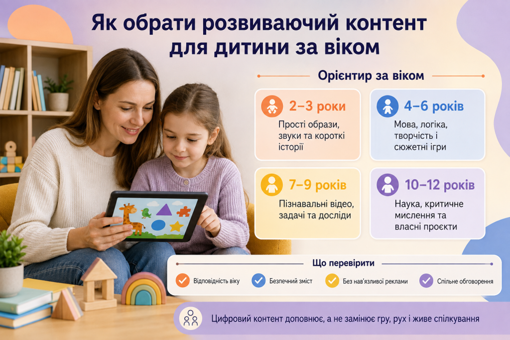 Інфографіка про вибір розвиваючого контенту для дітей різного віку з рекомендаціями щодо навчальних матеріалів