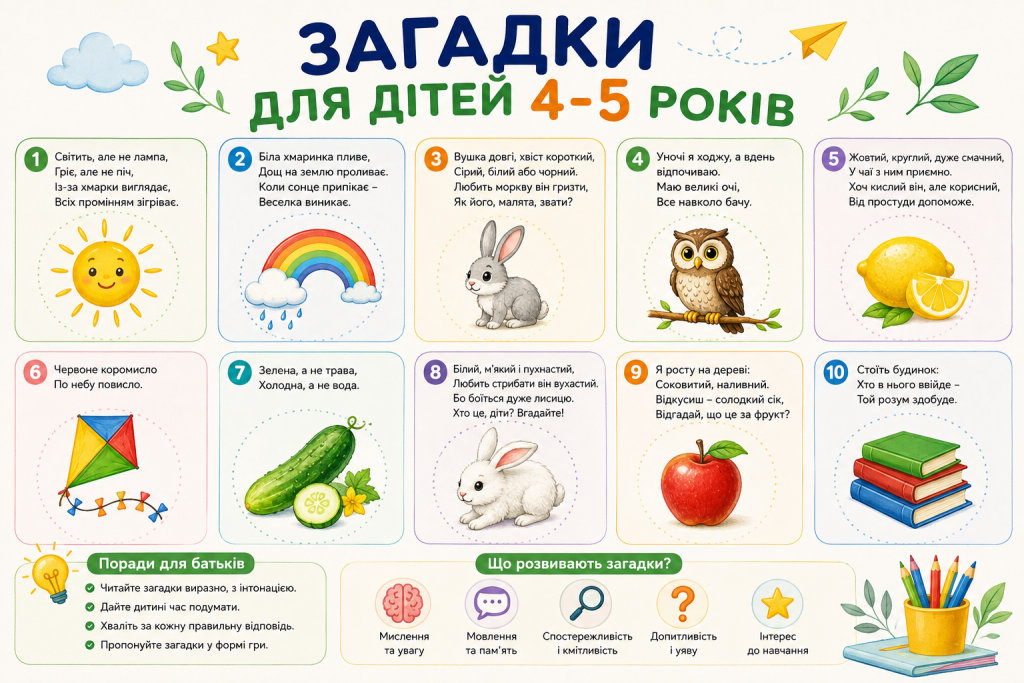 Інфографіка з простими загадками для дітей 4–5 років про сонце, веселку, зайця, сову, лимон та інші предмети