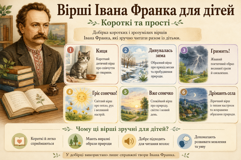 Інфографіка про короткі вірші Івана Франка для дітей із тематичними ілюстраціями та портретом письменника