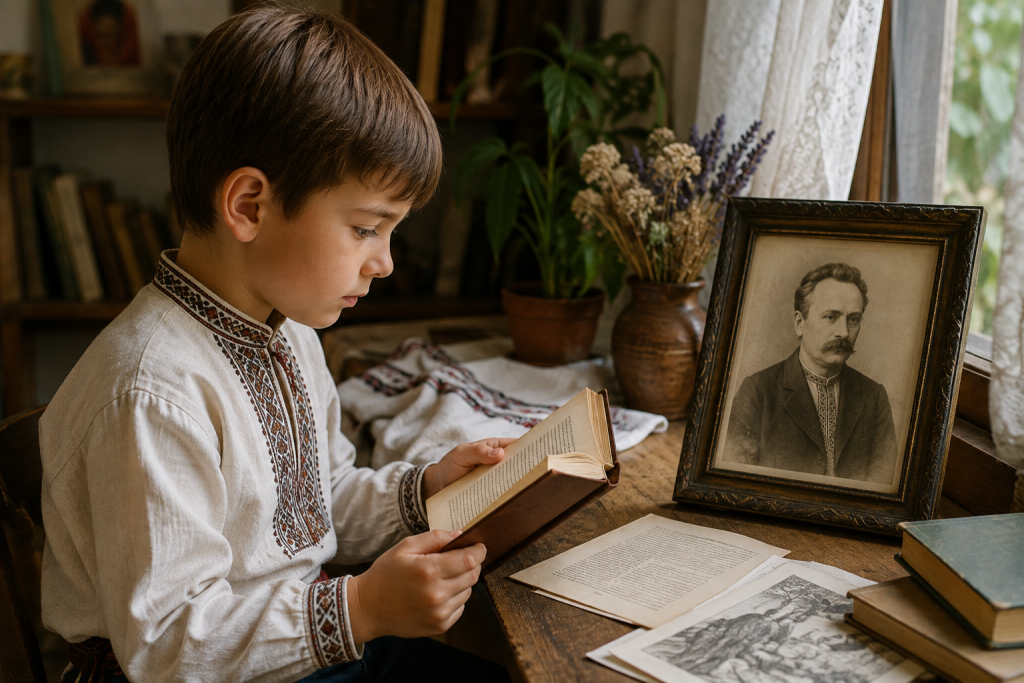 Хлопчик у вишиванці читає книгу з творами Івана Франка біля портрета українського письменника