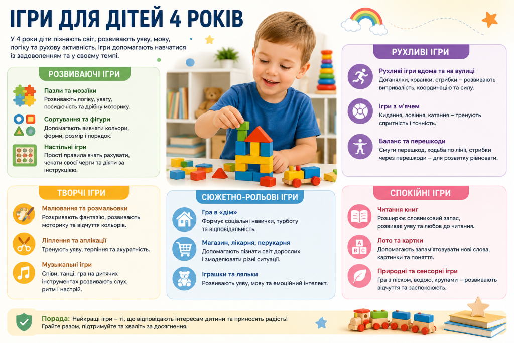 Інфографіка з добіркою ігор для дітей 4 років: пазли, настільні, творчі, рухливі, сюжетно-рольові та спокійні ігри