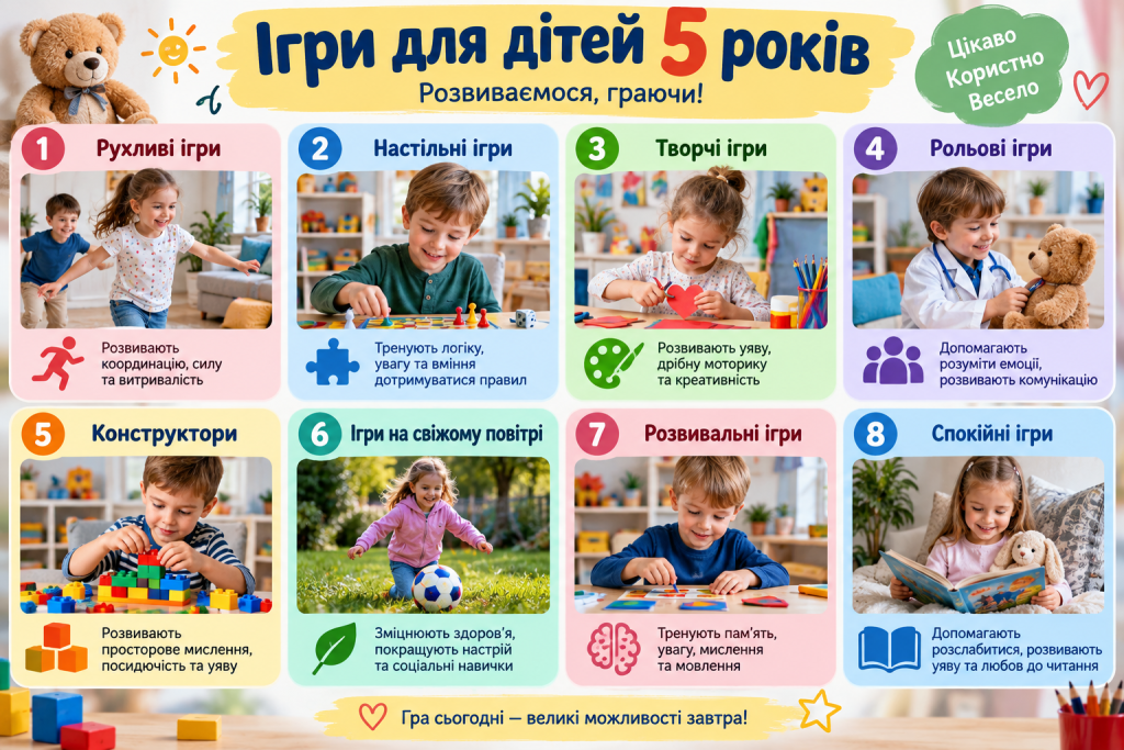 Інфографіка з ідеями ігор для дітей 5 років — рухливі, настільні, творчі, рольові, розвивальні та спокійні ігри