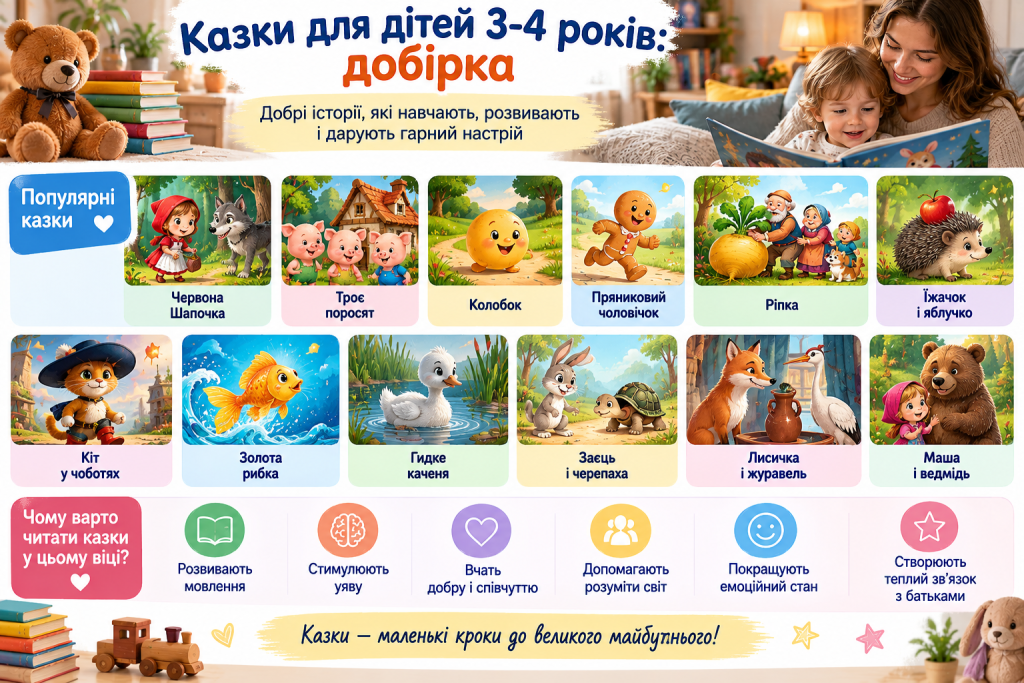 Інфографіка з добіркою популярних казок для дітей 3–4 років та поясненням користі читання для мовлення, уяви й емоційного розвитку.