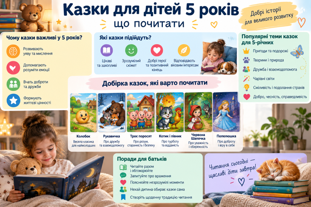 Інфографіка з добіркою казок для дітей 5 років, популярними темами, порадами для батьків та користю читання для розвитку дитини.