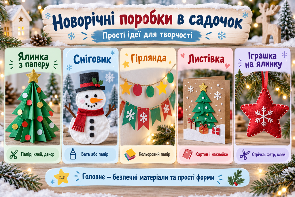 Інфографіка з ідеями новорічних поробок для садочка — паперова ялинка, сніговик, гірлянда, листівка та ялинкова іграшка