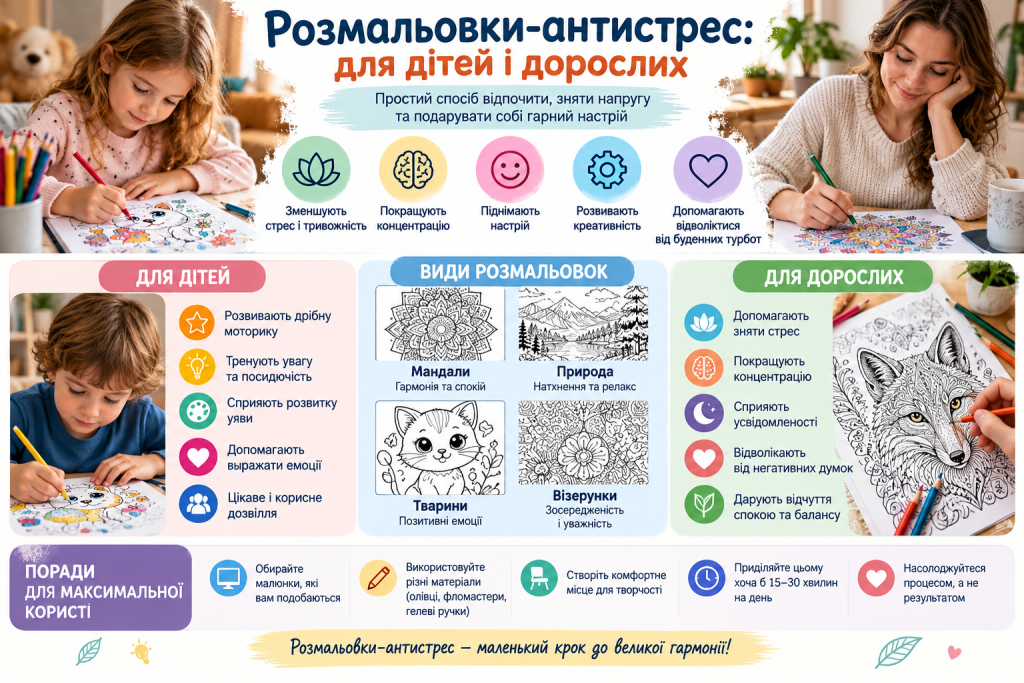 Інфографіка про розмальовки-антистрес для дітей і дорослих, їхні види, користь для концентрації, творчості, настрою та зниження стресу.