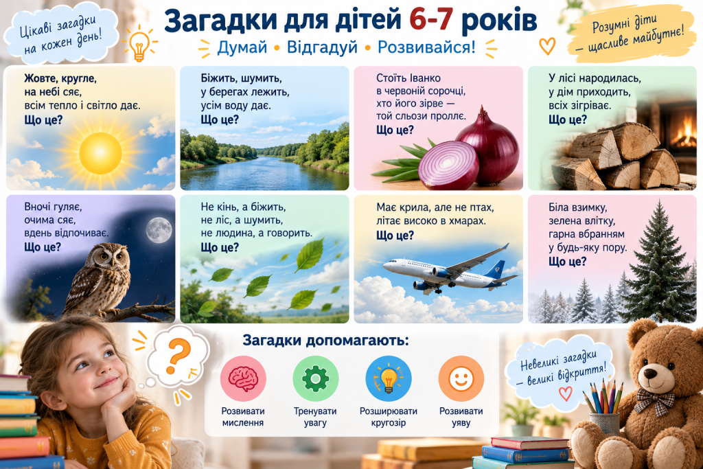 Інфографіка із загадками для дітей 6–7 років про природу, тварин і предмети, які допомагають розвивати мислення, увагу та уяву.